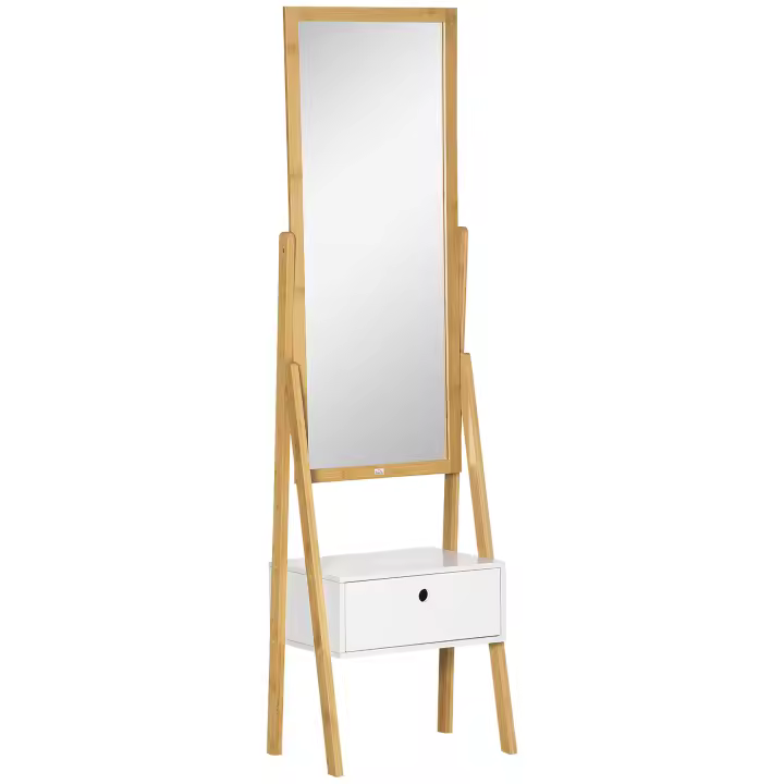 HOMCOM Espejo sobre Pata de Bambú Espejo de Cuerpo Entero Rectangular con 1 Cajón para Vestidor Moderno 45x30x160 cm Natural - 1