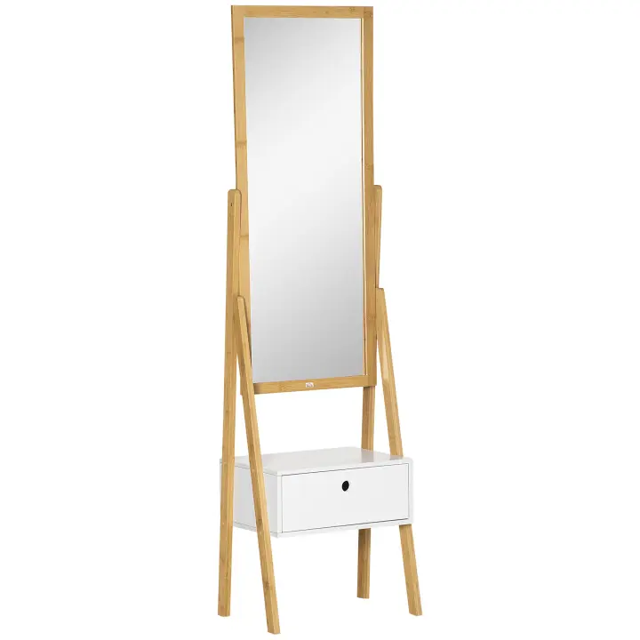 HOMCOM Espejo sobre Pata de Bambú Espejo de Cuerpo Entero Rectangular con 1 Cajón para Vestidor Moderno 45x30x160 cm Natural - 1