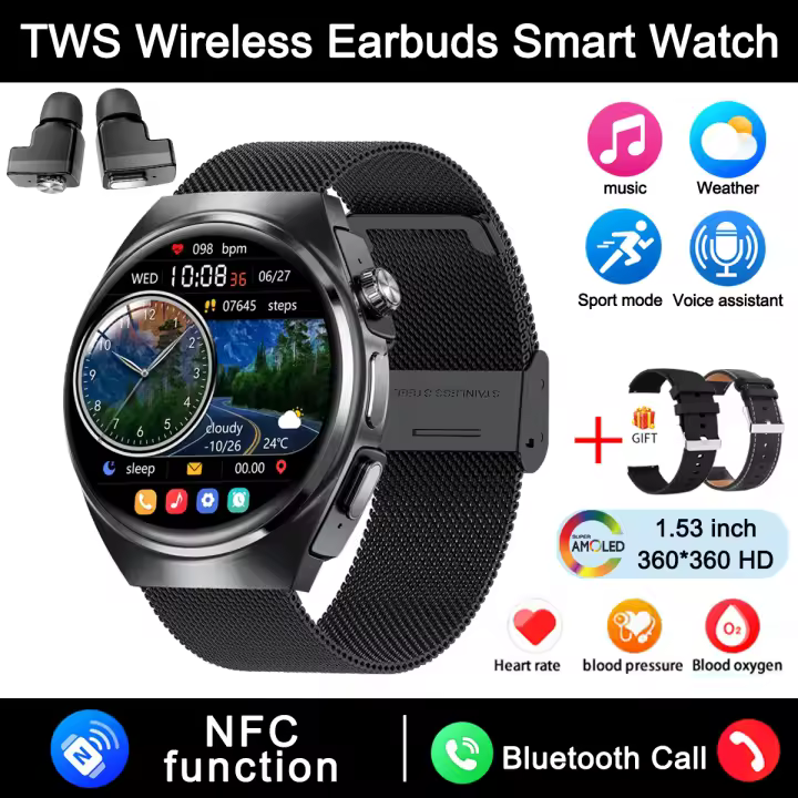 2024 Nuevo reloj inteligente NFC auriculares TWS incorporados para hombres,pantalla de alta definición amoled 360 * 360 de 1,53 pulgadas,llamada bluetooth,asistente de voz ai,rastreador de fitness activo,batería 400mah de larga duración,para iOS y Android - 1