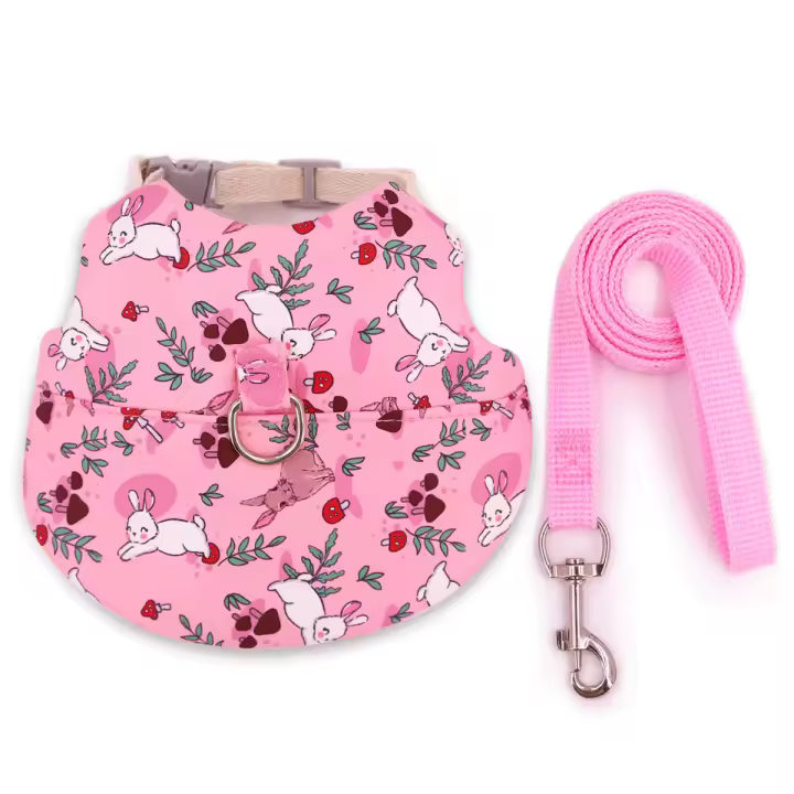 Conjunto De Ropa Para Mascotas Estilo Impresión Transpirable Para Conejos Y Perros Uso Al Aire Libre Correa Y Collar Personalizado - 1