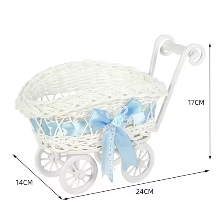 Cesta de mimbre para juguetes de bebé con asas y ruedas, ideal como regalo para baby showers de niños y niñas o para recién nacidos (rosa) - 1