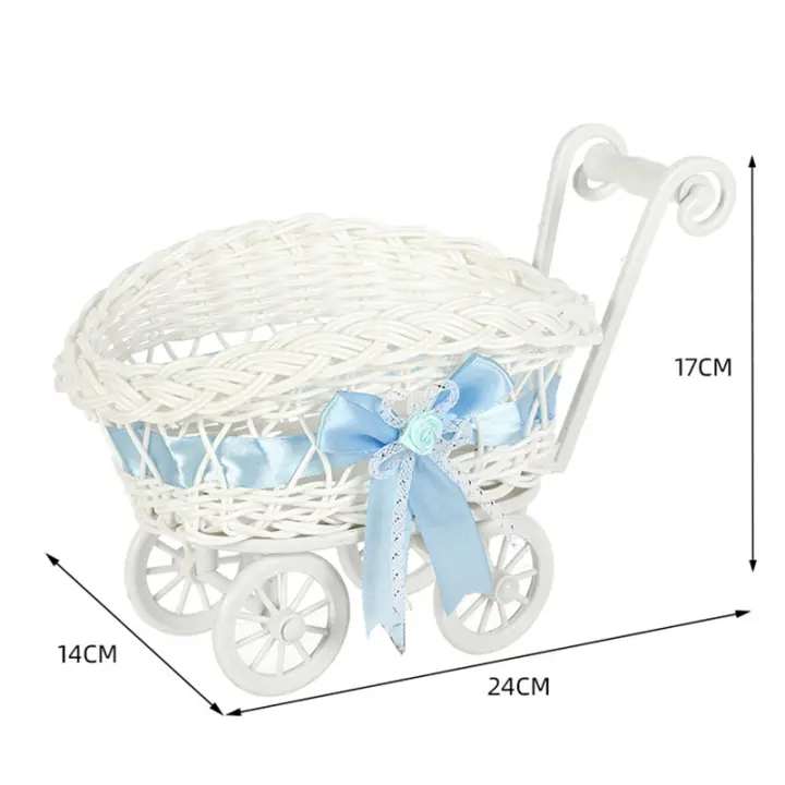 Cesta de mimbre para juguetes de bebé con asas y ruedas, ideal como regalo para baby showers de niños y niñas o para recién nacidos (rosa) - 1