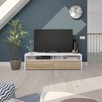 Meimon Mueble TV KIOTO (130x40x36 cm) con 2 puertas y 2 huecos, fabricado en melamina E1 (18/15 mm) con cantos PVC, trasera MDF con salida de cables, patas ABS, bisagras metálicas, soporta hasta 45 kg, acabado Roble Canadian y Blanco Ark - details 0