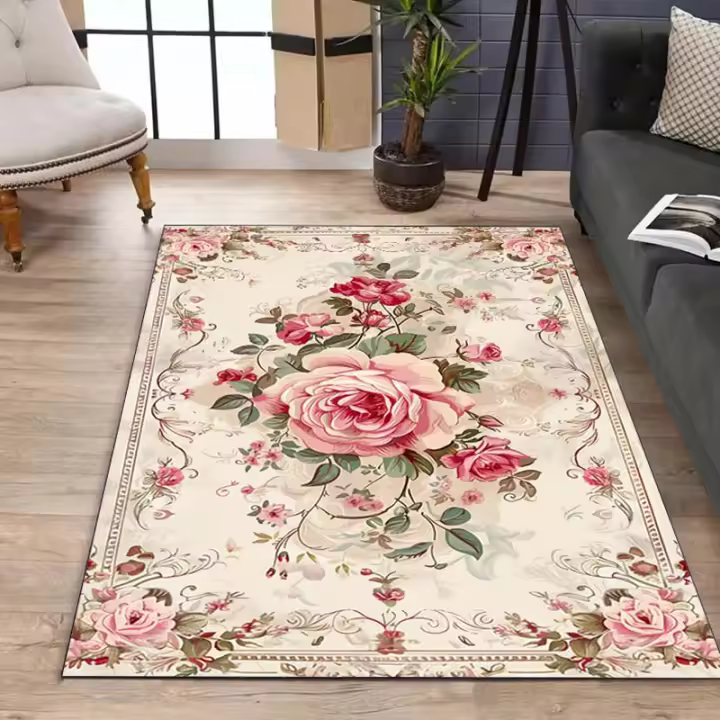 Carpetas Retro Unicas Con Rosas En Rosa Y Blanco Decoración Elegante Para Sala De Estar Y Baño Antideslizantes De Poliéster 100% - 1