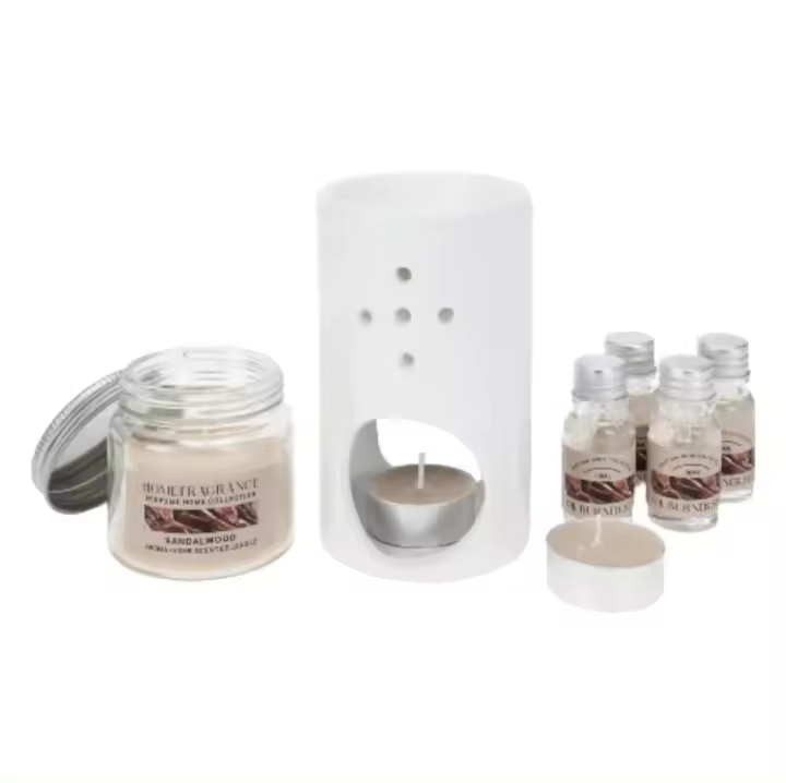 Juego de Fragancias de Cerámica Blanco - Set de 4 Botes Aromáticos 10ml, 2 Velas 12g y un Tarro 60g - 1