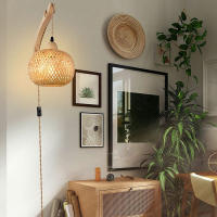 Lámpara De Pared De Bambú Natural E27 Lámpara De Techo De Rattan Decoración De Habitación Luz De Pared Fijación En La Casa - details 7