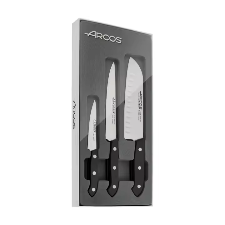 Arcos Serie Bolonia - Set de Cuchillos de Cocina 3 piezas (Mondador + Cocina + Santoku) - Hoja de Acero Inoxidable NITRUM - Mango de Polioximetileno (POM) - Color Negro - 1