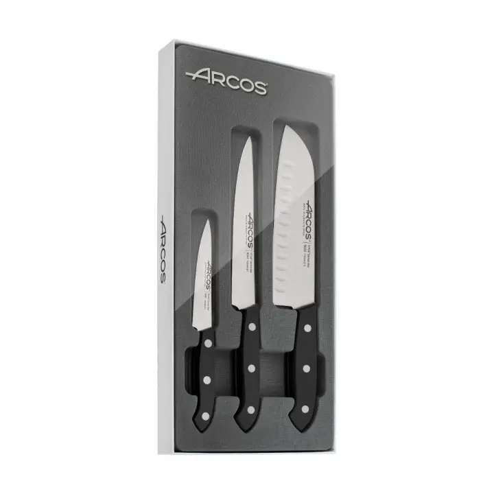 Arcos Serie Bolonia - Set de Cuchillos de Cocina 3 piezas (Mondador + Cocina + Santoku) - Hoja de Acero Inoxidable NITRUM - Mango de Polioximetileno (POM) - Color Negro - 1