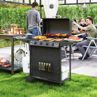 Outsunny Barbacoa de Gas BBQ Gas con 4+1 Quemadores 12 kW Barbacoa Portátil con Termómetro Mesa Lateral Estante Especiero Parrilla Recogedor de Grasa 2 Ruedas para Jardín Exterior Camping Negro - details 1
