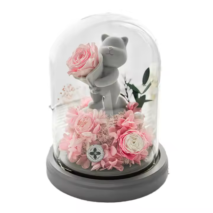 Flor eterna Rosa flocado oso cubierta de vidrio con luces de vacaciones - 1