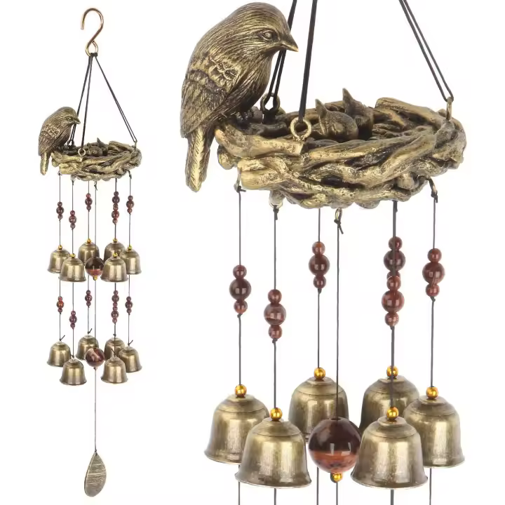 Campana de viento con forma de nido de pájaro, campanas de pájaro con 12 campanas de viento para el amor de la madre, decoración colgante para jardín, patio, iglesia, bronce - 1