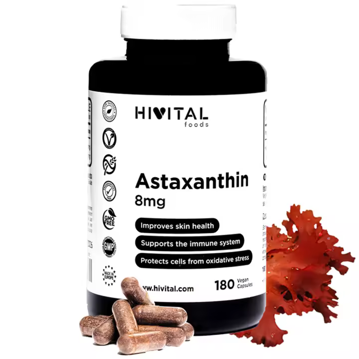Astaxantina pura 8mg procedente de 160mg de Alga Natural Haematococcus Pluvialis al 5% en Astaxanthin. 180 cápsulas veganas para 6 meses. Antioxidante celular para mejorar la piel y el sistema inmune. Hivital - 1