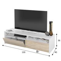 Meimon Mueble TV KIOTO (130x40x36 cm) con 2 puertas y 2 huecos, fabricado en melamina E1 (18/15 mm) con cantos PVC, trasera MDF con salida de cables, patas ABS, bisagras metálicas, soporta hasta 45 kg, acabado Roble Canadian y Blanco Ark - details 3