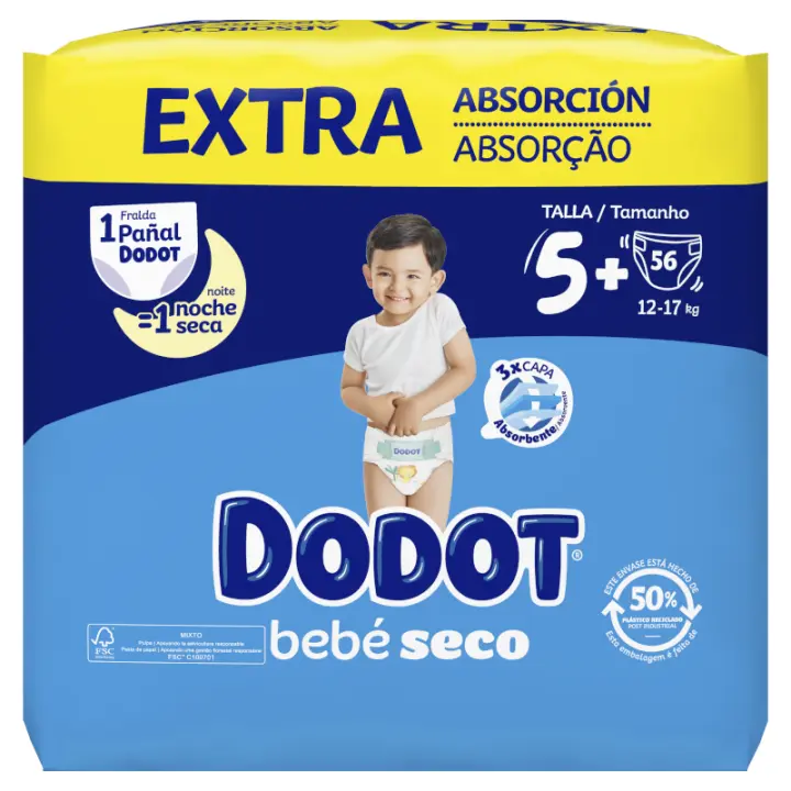 Dodot Bebé Seco Talla 5 (12-17 kg) – 56 Pañales Azul con Extra Absorción y Protección Antifugas ROUA - 1