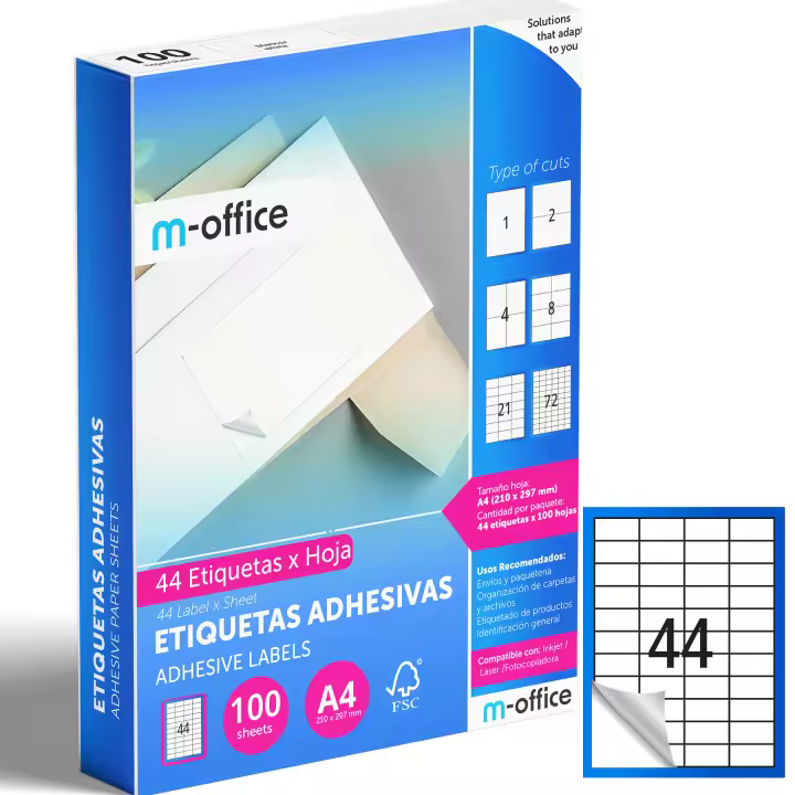 M-office Etiquetas Adhesivas A4 compatible con Label Printer, Pegatinas Blancas Adhesivas para Uso Diario, Papel Adhesivo para Imprimir, Pegatinas para Escribir (44 por hoja, 100h) - 1