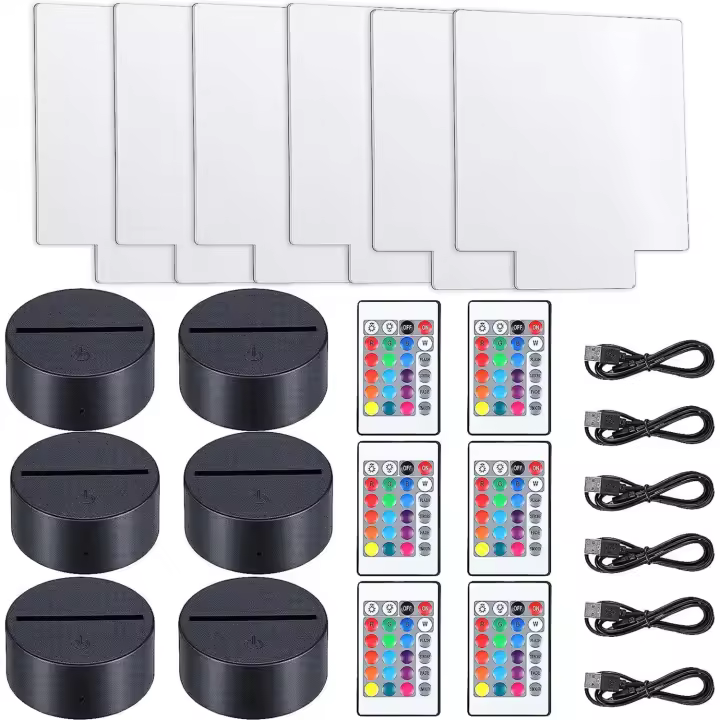Iluminación Nocturna LED 3D Con 6 Soportes De Luz Y 6 Cables USB 6 Control Remoto 6 Hojas De Acrílico Transparentes Para DIY - 1