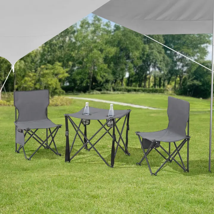 Mesa portátil con 2 sillas plegables camping Banzi acero tela - Gris [casa.pro] - 1