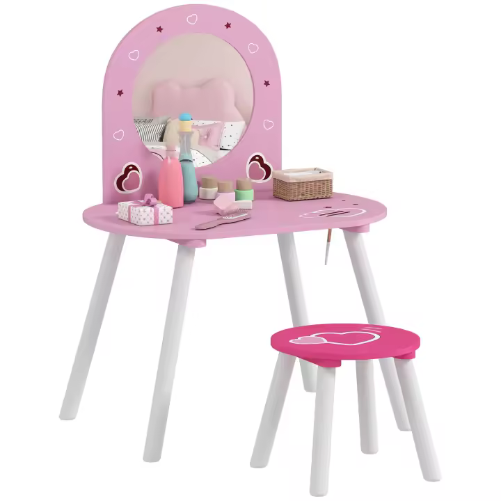 AIYAPLAY Tocador Infantil con Taburete y Espejo, Tocador para Niñas con Dibujos de Corazones, Mesa de Maquillaje para Niños y Niñas de 3-6 Años, Rosa - 1
