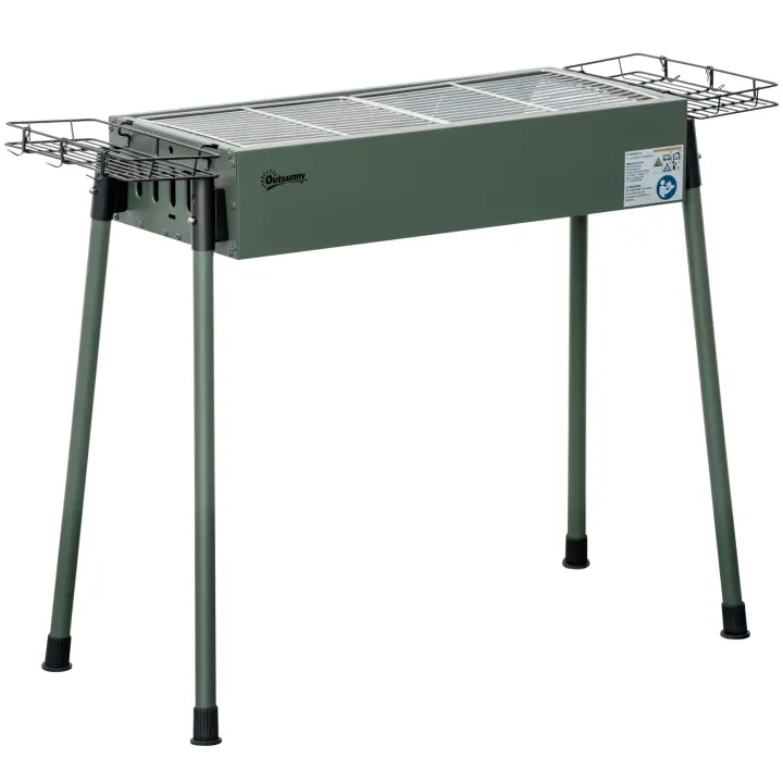 Outsunny Parrilla de Carbón, Parrilla de Camping Antideslizante con Rejilla, Clip para Parrilla, Cestas Laterales para Jardín, Barbacoa de Acero Inoxidable + Metal Galvanizado Verde Oscuro 77 x 30 x 70 cm - 1
