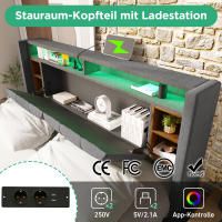 Cama tapizada Cabecero de Cama Doble with Almacén Marco de Cama with USB de carga e iluminación LED Somier de lámparas de Madera, 140*200CM Gris (sin colchón) - details 7