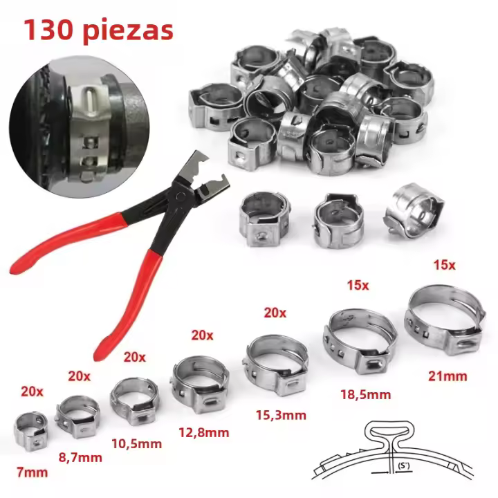 130pcs Abrazaderas De Tubo Sin Etapas De Acero Inoxidable 7-21mm Y Abrazaderas De Cinch Con Herramienta De 1PC Para Fontanería Y Combustible - 1