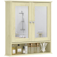 kleankin Armario de Baño con Espejo, Armario de Pared con 2 Puertas, Estante Abierto, Estante Ajustable, Mueble de Baño Colgar para Cocina, Salón, 56x13x58 cm, Natural - details 0
