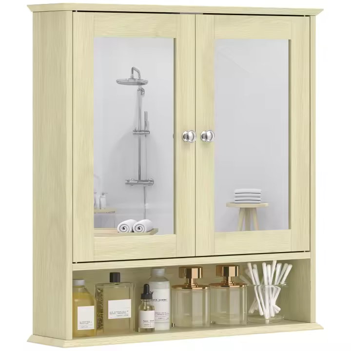 kleankin Armario de Baño con Espejo, Armario de Pared con 2 Puertas, Estante Abierto, Estante Ajustable, Mueble de Baño Colgar para Cocina, Salón, 56x13x58 cm, Natural - 1