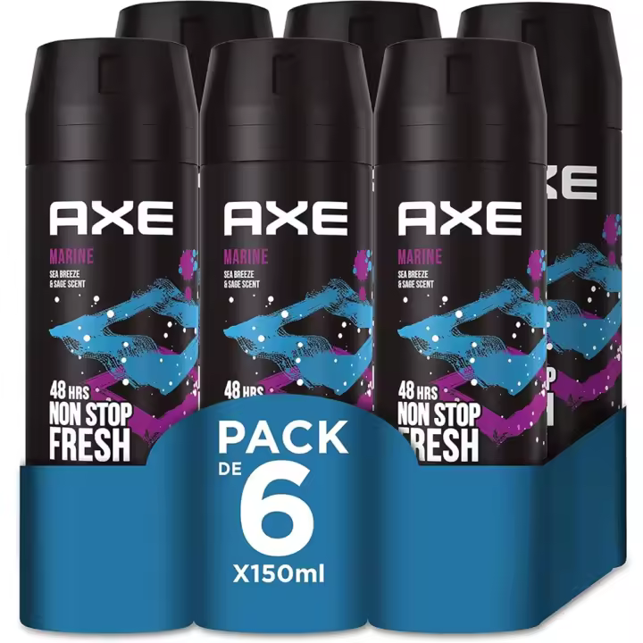 Axe Desodorante para Hombre Bodyspray Marine 150ml (Pack de 6) - Tecnologia Dual Action, Formula sin aluminio, Componente antiolor Zinc Complex 6, Huele irresistible a bergamota y limon, inspirada en la brisa marina, durante 48 horas - 1