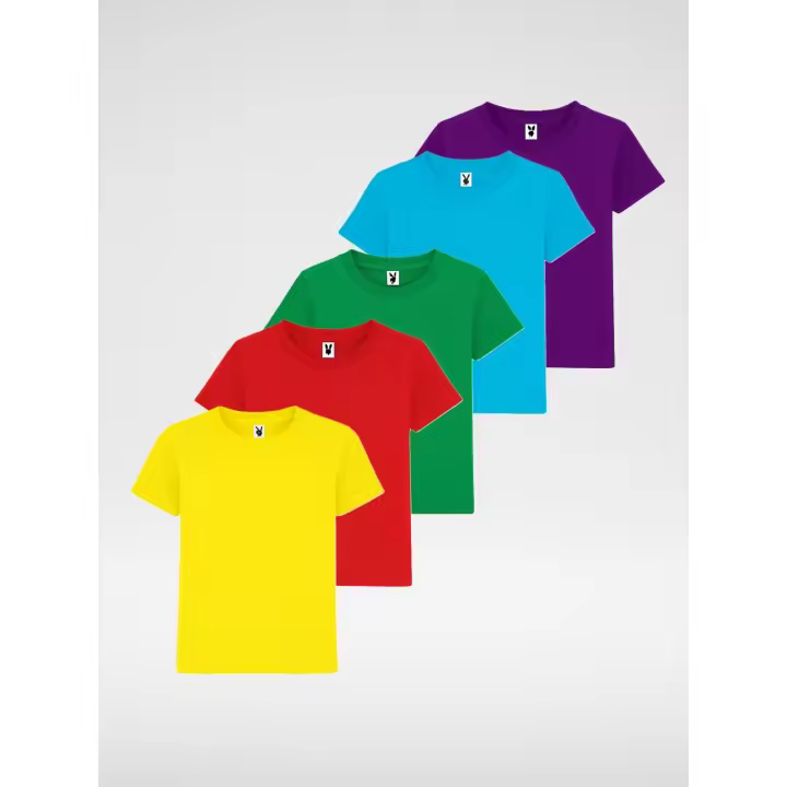 Camiseta Niños Unisex 100% Algodón (Envío en 48 horas) – Variedad de tallas y colores – Pack de 5 unidades – manga corta, cuello redondo doble con elastano, costuras laterales, etiqueta removible, ideal para escuela, uso diario, deportes, uniforme - 1