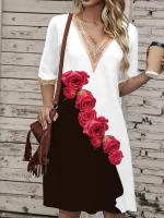 Vestido Corto Impreso Verano Con Cuello V Y Encaje Talla Grande Hasta La Rodilla Para Mujer Estilo Casual Polyester - details 6
