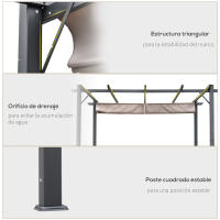 Outsunny Pérgola de Aluminio Gazebo Cenador 3x3m para Jardín Patio o Terraza con Techo Retráctil Tela Poliéster Resistente a Agua y UV - details 2
