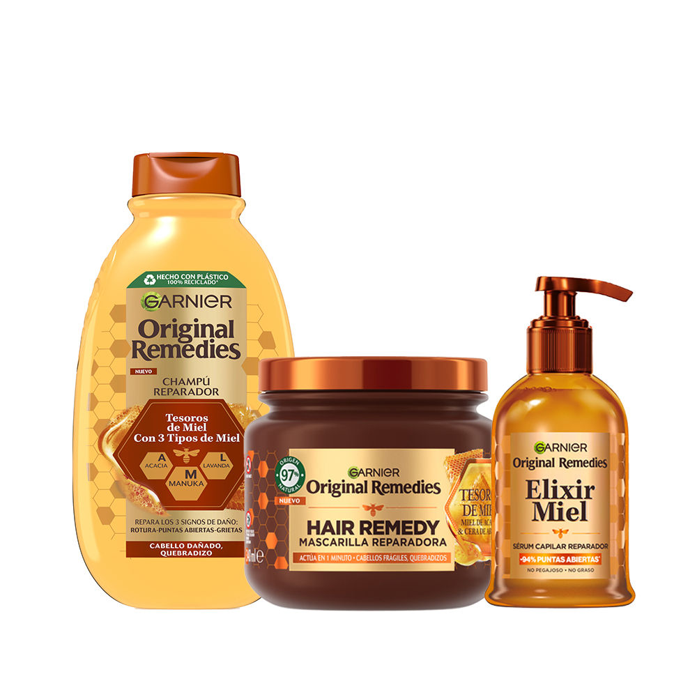 Garnier | Original Remedies Rutina de Tesoros de Miel Champú, acondicionador, Mascarilla y Serum para pelo dañado