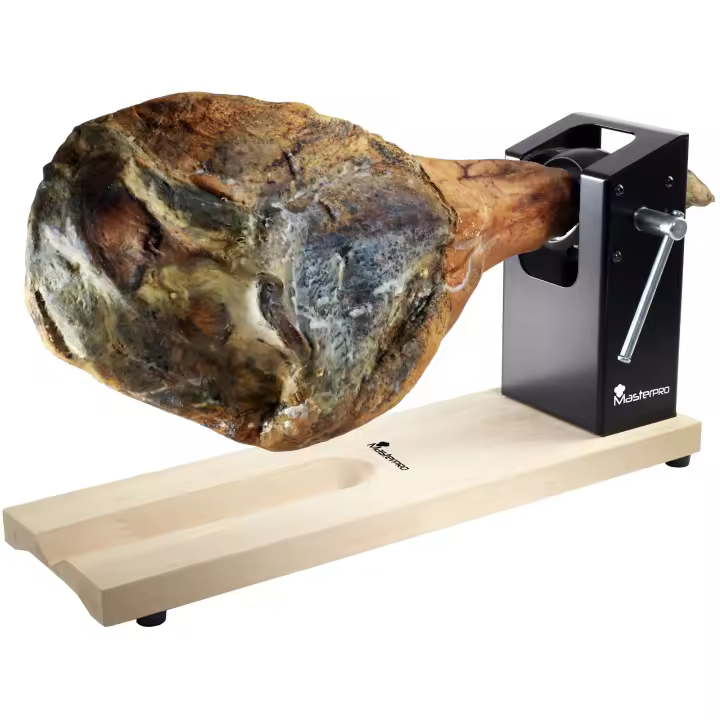 Jamonero BERGNER MASTERPRO de madera con soporte en acero inoxidable - Cortador de jamón en voladizo de 62x19,5x3,3 cm - 1