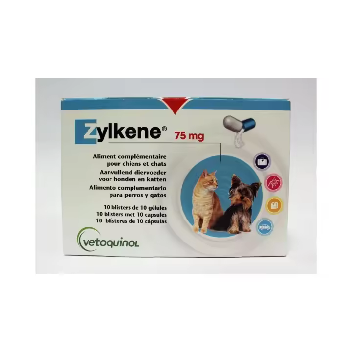 VETOQUINOL - Zylkene (75 mg) - Tranquilizante Natural para Gatos y Perros de Raza Pequeña (&lt;5 kg a 10 kg) (100 Cápsulas) - 1