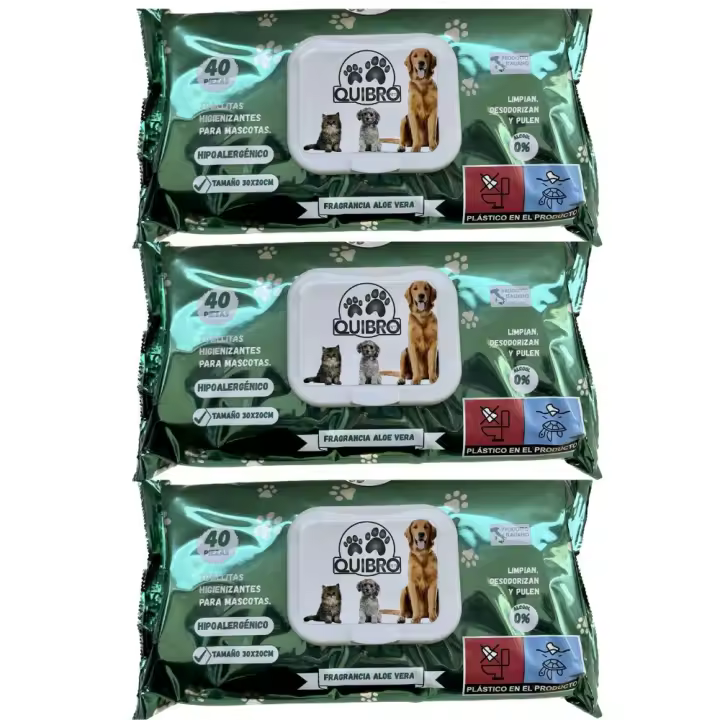 Quibropets Pack 3 paquetes Toallitas Higienizantes para Perros, Gatos y Cachorros Frangancia Aloe Vera. 120 uds - 1