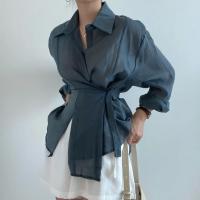 Camisa Casual Para Mujer Suelta Con Cinturón Y Cuello En V Vintage De Manga Larga Transpirable Para Oficina Y Uso Diario - details 5
