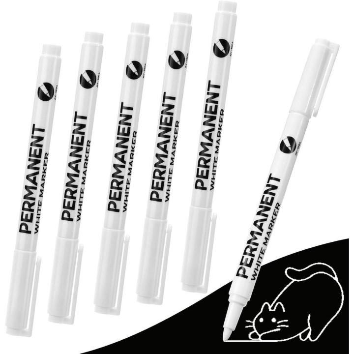 Set van 6 markers - markeerstift - acrylverf - harde punt - textielverf - permanente markerset - fijne punt 1 mm - waterbestendige verfpen - marker - voor textiel, kunstpapier, tekenen, kleuren, krabbelen, doe-het-zelf-knutselen - 14 cm - wit