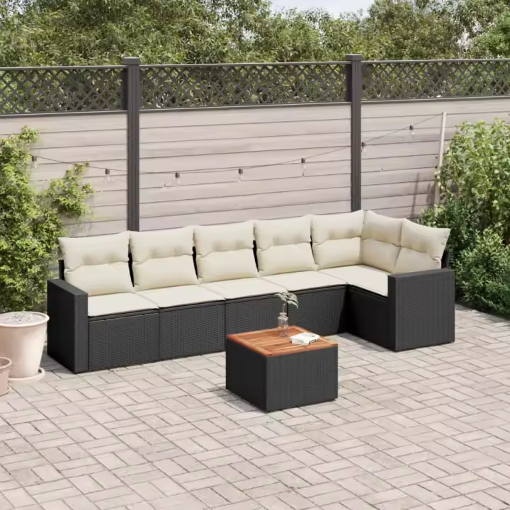 vidaXL Set de comedor de jardín 7 pzas y cojines ratán sintético negro - 1