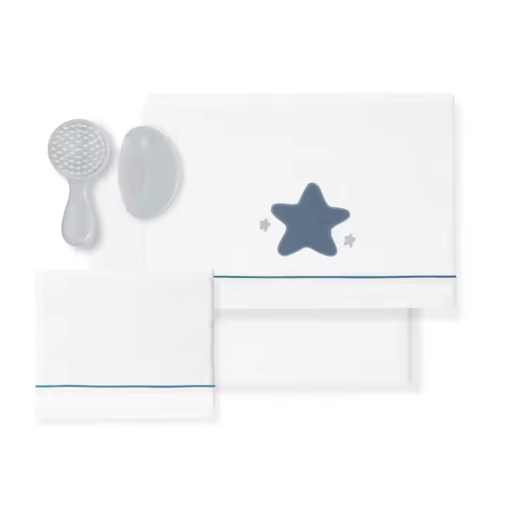 Conjunto 3Pcs Cama 60X120(Lençol152X102+Lençol B.120X60X12+Almofada60X30)-Muselina-Estrella-B/Azul B.Active - 1