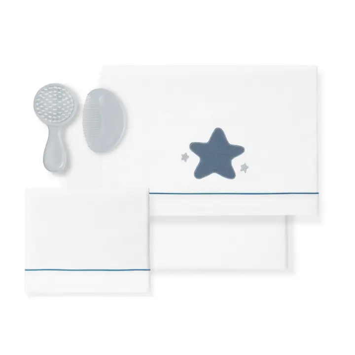 Conjunto 3Pcs Cama 60X120(Lençol152X102+Lençol B.120X60X12+Almofada60X30)-Muselina-Estrella-B/Azul B.Active - 1