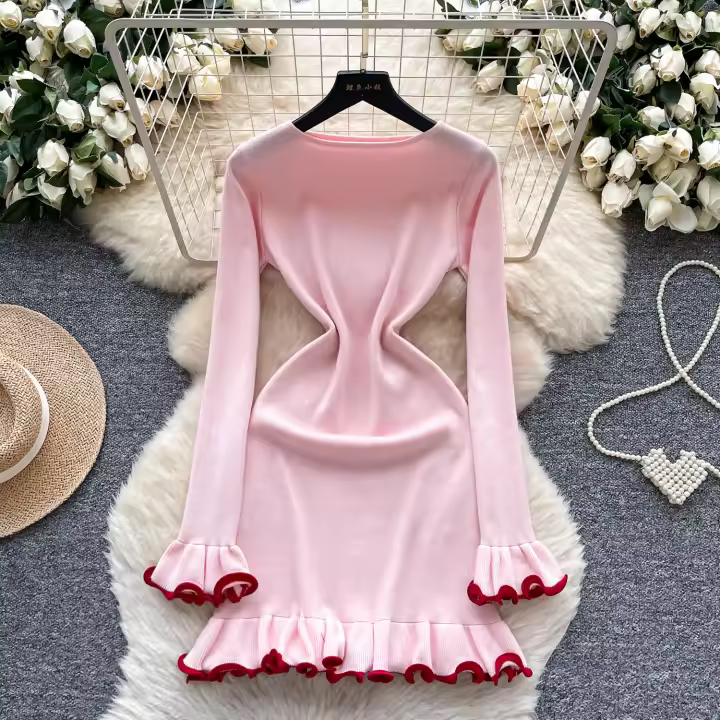 Nuevo Abrigo De Otoño Para Mujer Con Mangas Flare Y Cuello Redondo Dress De Patchwork Colorido Con Volantes Slim Mini Para Fiesta - 1