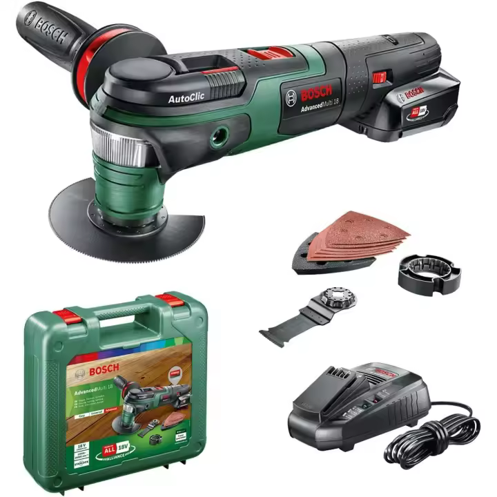 Bosch AdvancedMulti 18 - Multiherramienta a batería con maletín (1 batería 18V, cargador, plato lijador delta, set de hojas de lija, 2x hojas de sierra, empuñadura adicional, Sistema 18 V, 2,5 Ah) - 1