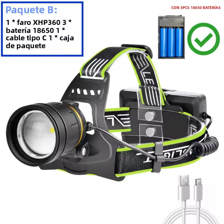 Linterna Frontal LED Potente Con 36 Núcleos XHP360 Para Pesca Y Camping Con Zoom Telescópico Luz Para Camping Impermeable Con Batería De Litio - 1