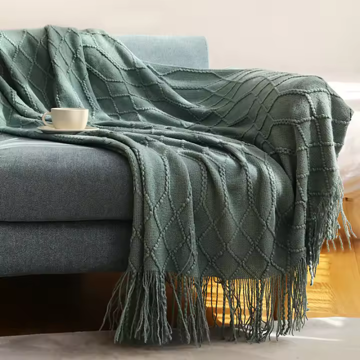 Manta De Punto En Color Caqui Gris Con Borlas Para Verano Manta Suave Y Cómoda De viaje Para Sofá Y Cama Estilo Bohemio Y Chic - 1