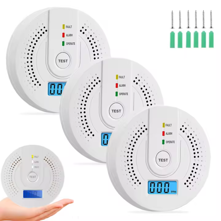 Detector de Carbono-9.5 X 3,2 cm, ultrasensible, de respuesta rápidamente, con Pantalla digital y Alarma Sonic, Detector de incendos con fondo de Prueba y Silencio (3 Unidades) - 1