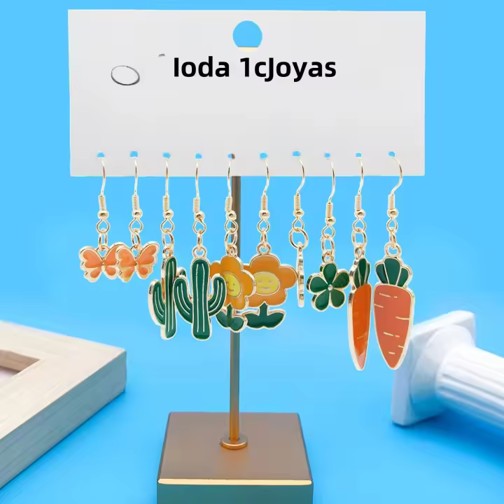 5 Pares De Pendientes Colgantes De Aleación De Zinc Con Diseño De Zanahoria Flor Y Cactus Para Niñas Joyas Moda Y Encanto - 1