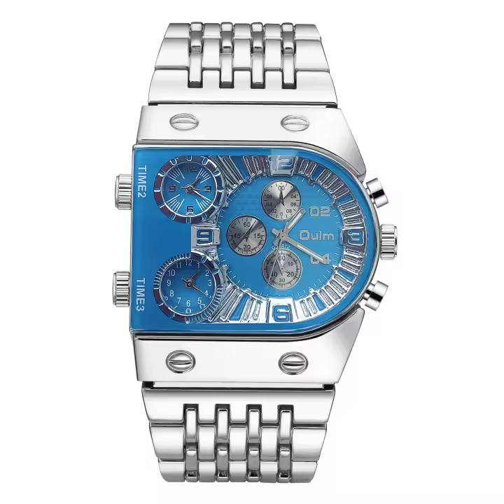 Reloj De Cuarzo Para Hombre Oulm 9315 Plata Oro Azul Zafiro 3 Zonas Horarias Militar Reloj De Pulsera De Acero Completo Marca De Lujo - 1
