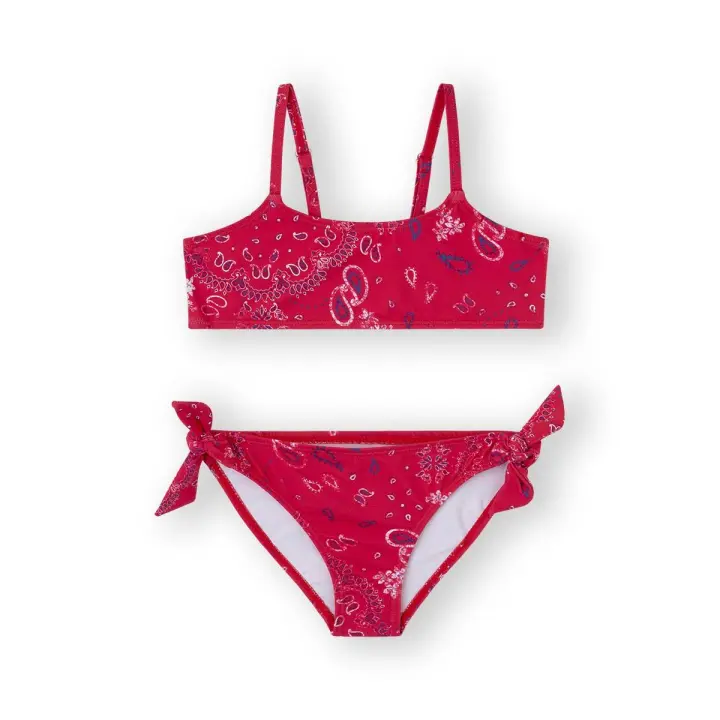 Bikini de niña en color fucsia. Top con tirantes regulables. Culetín con goma elástica en cintura y lazos laterales. Estampado all over con detalles étnicos de Baby bay - 1