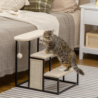 PawHut Escalera para Perros de 3 Niveles Escalera para Mascotas con 3 Escalones Bola Colgante Tablero de Rascar y Marco de Acero 47x45x47 cm Crema y Negro - details 1