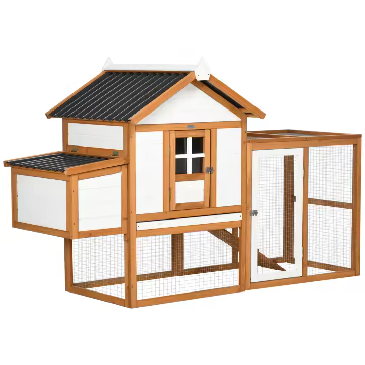 PawHut Gallinero de Madera para Exterior 181x79,5x117,5 cm Jaula para 2-4 Gallinas con Techo Resistente al Agua Corral de Metal 2 Perchas Nido Bandeja Extraíble y Rampa Natural - 1